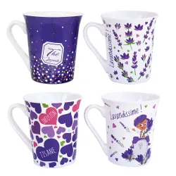 Set of 4 Tea Mugs – Lavender & Hearts, for Infusions & Herbal Tea