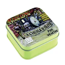 savon olive noire et boîte métal décor moulin à huile