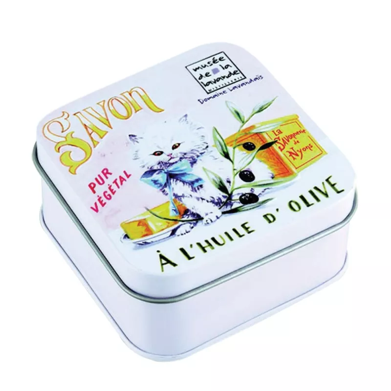 savon fleurs de coton et boîte métal décor chat persan