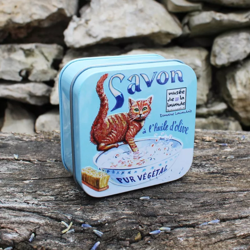 Savon Fleur de coton et boîte métal décor Chat Roux | Savonnerie
